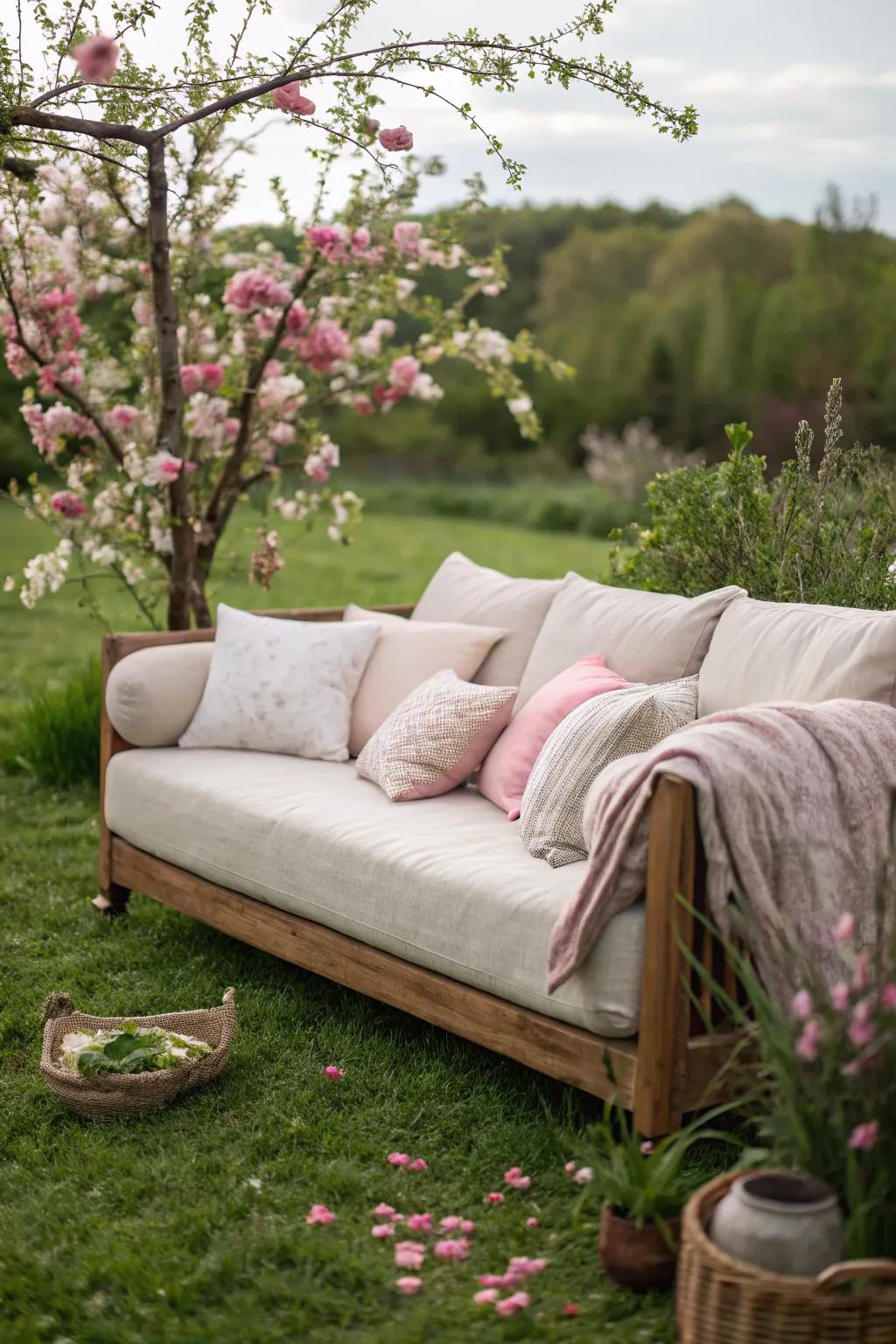 A cozy lounge area with a sofa on lush grass.