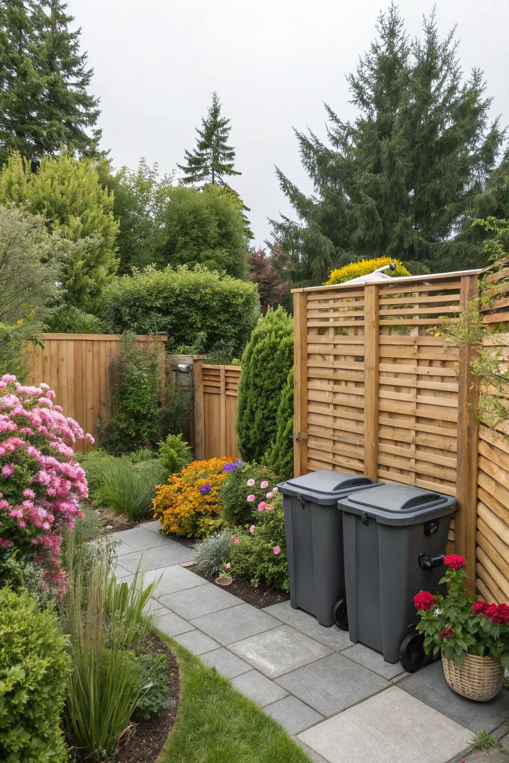 A wooden privacy screen elegantly hiding garbage bins in a lush backyard.