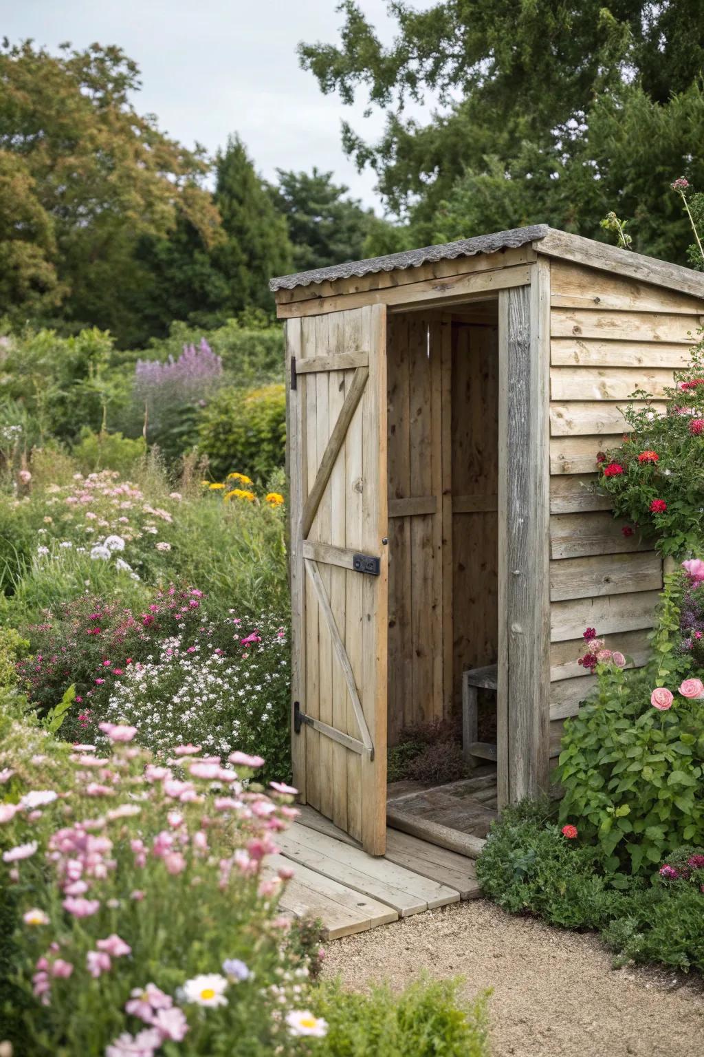 A classic wooden enclosure hides garbage bins while adding rustic charm.