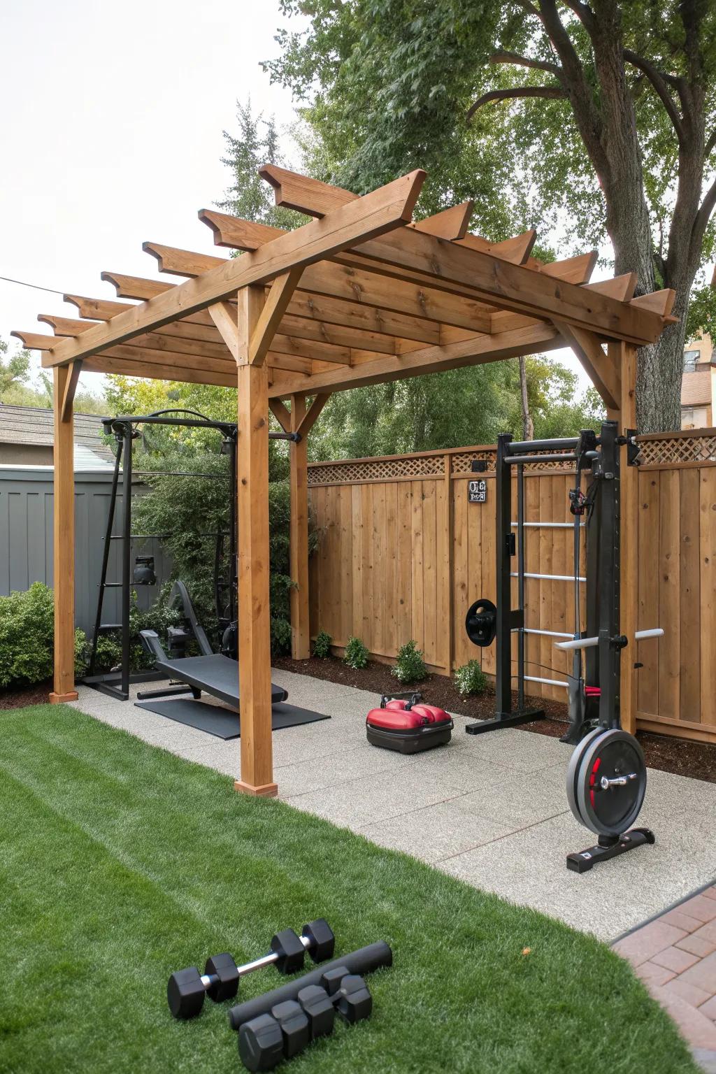 A covered workout nook ensures you can exercise regardless of the weather.