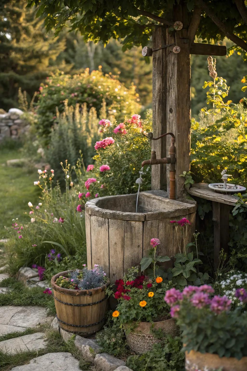 Bring rustic charm to your garden with a wooden sink setup.