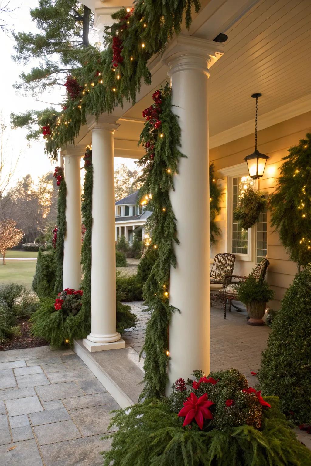 Evergreen garlands bring classic elegance to any porch.