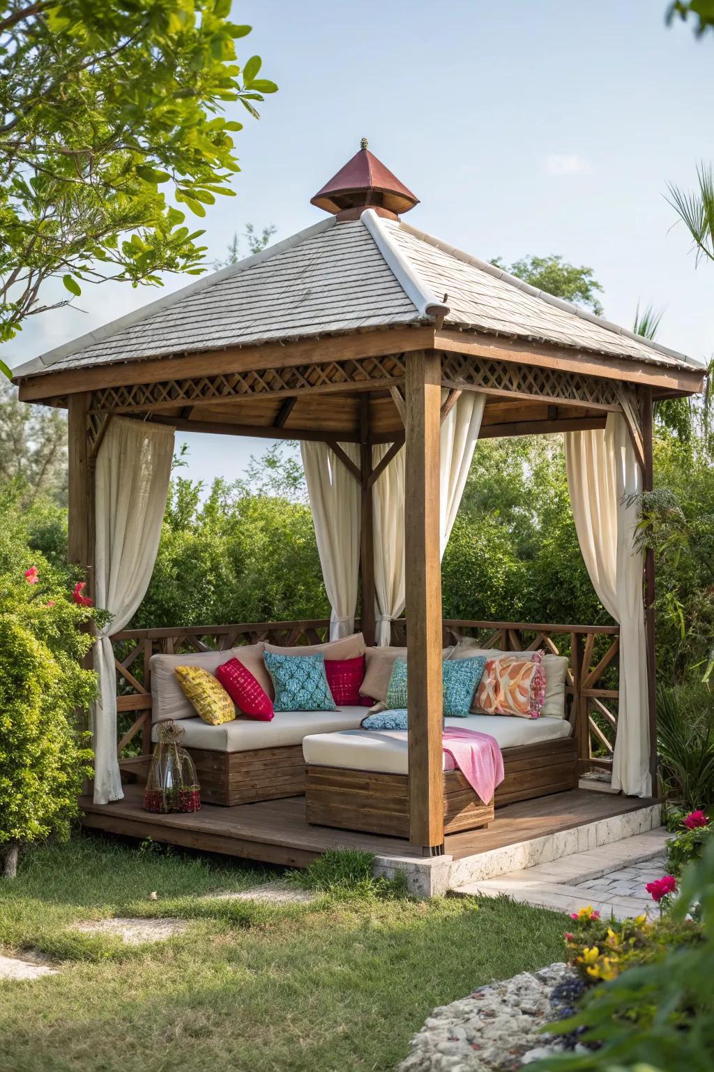 A plush outdoor sofa transforms your gazebo into a cozy retreat.