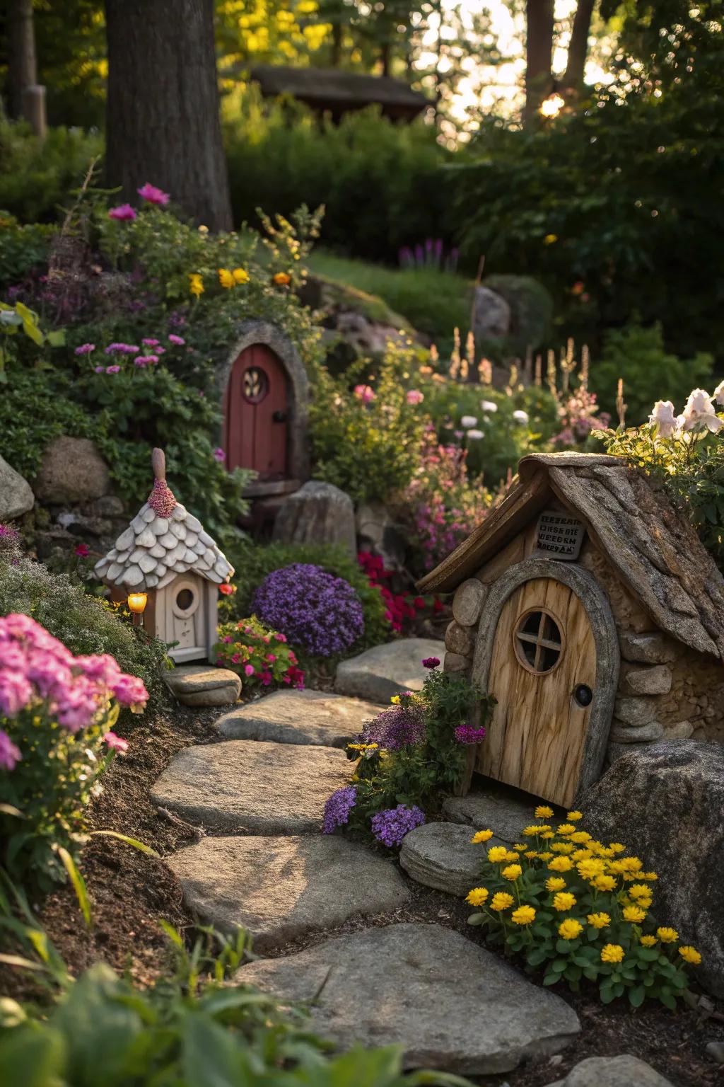 A gnome village with miniature houses creates a delightful storybook ambiance.