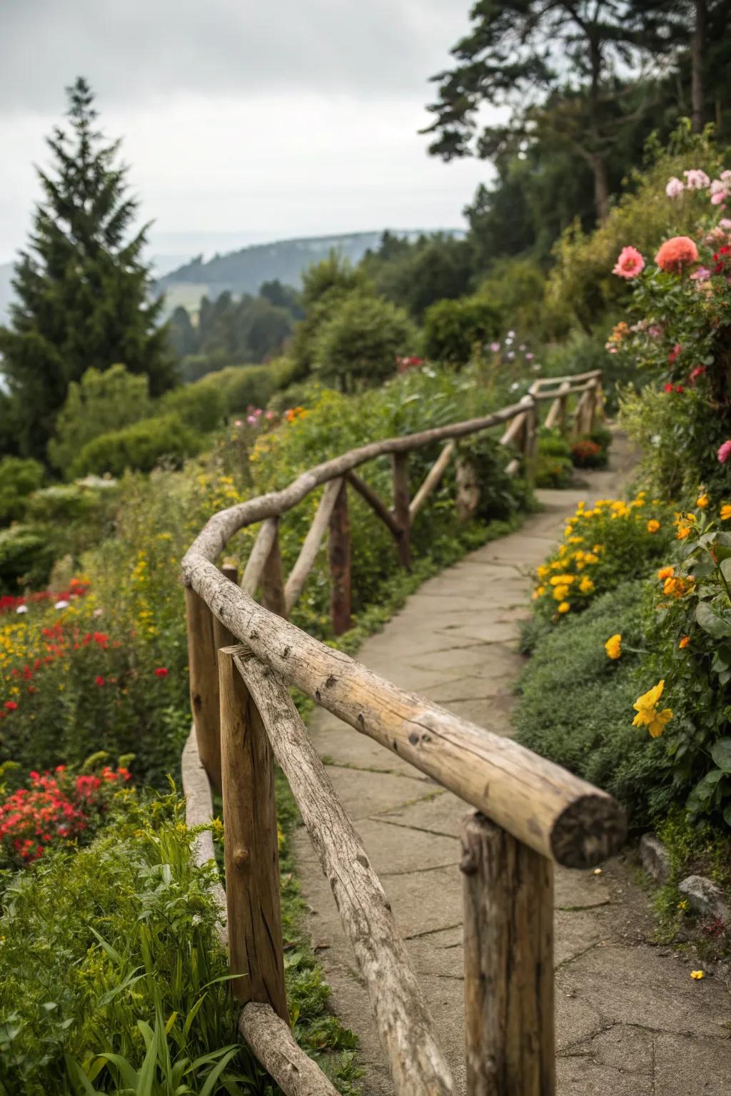 Rustic wood railings blend beautifully with garden landscapes.