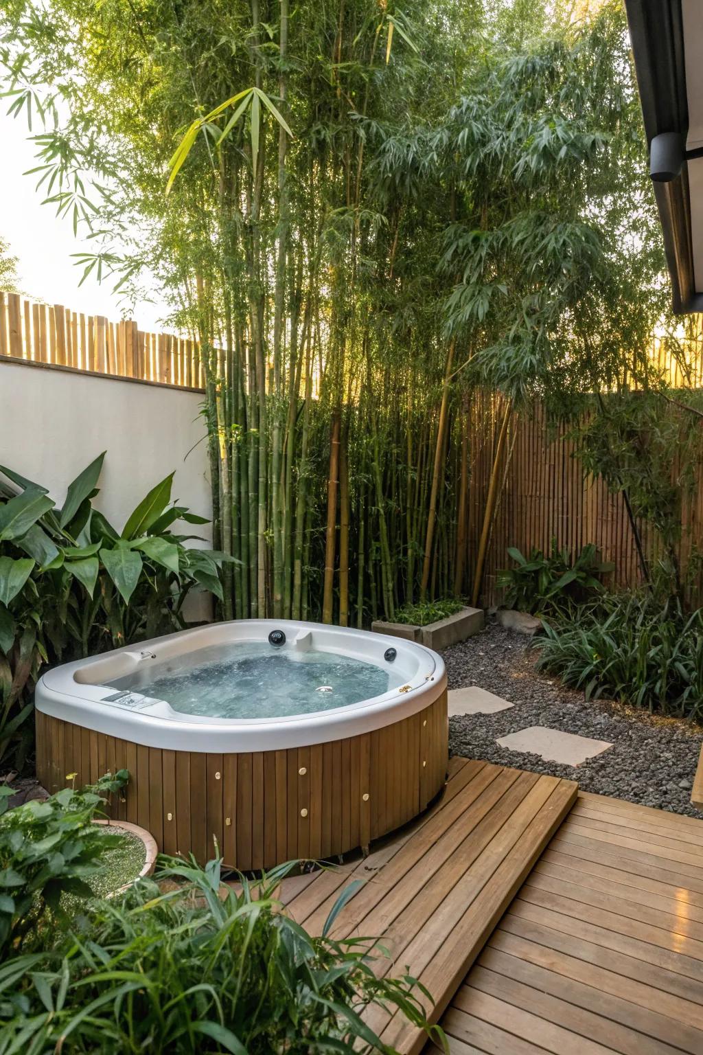 Create a natural oasis with bamboo and lush greenery around your hot tub.