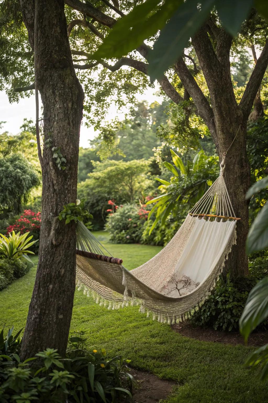 A serene hammock nestled between trees, perfect for lazy afternoons.