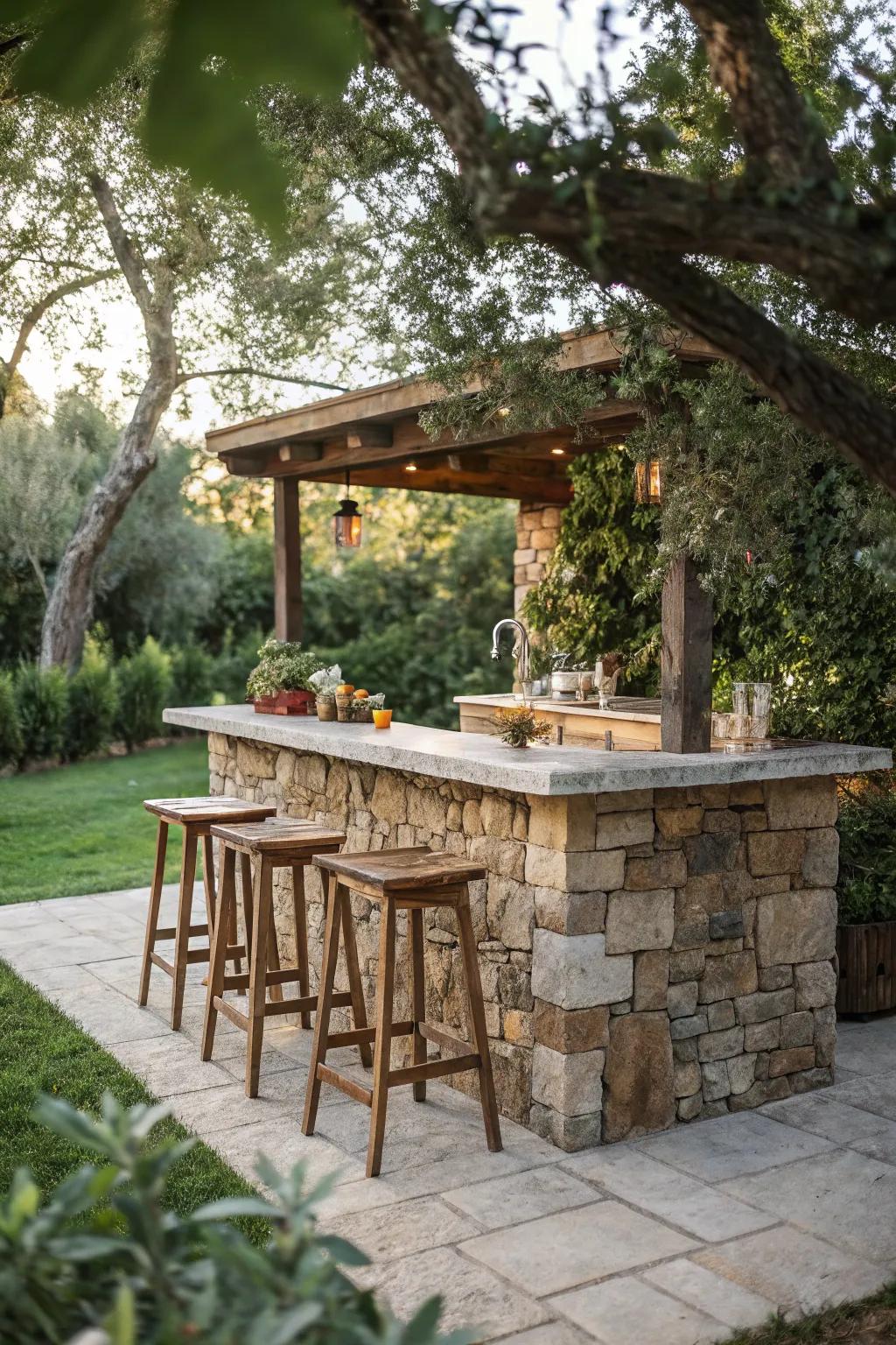 Rustic stone outdoor island bar with wooden seating.