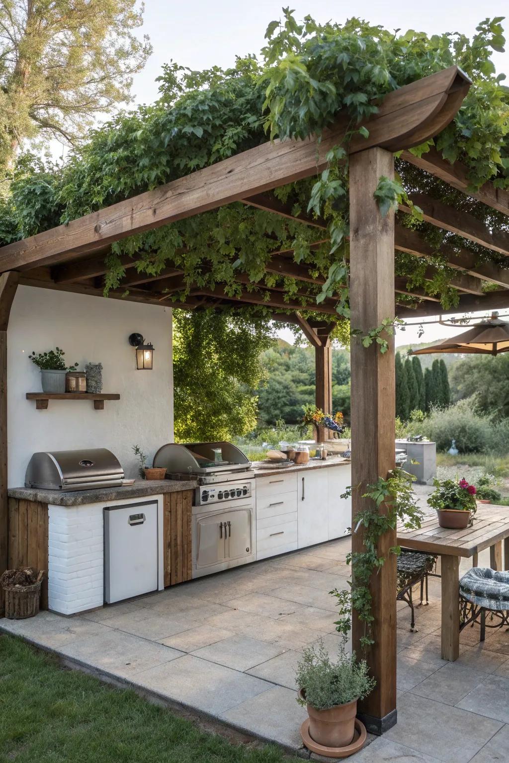 A rustic wooden pergola adds charm and shade to this outdoor kitchen.