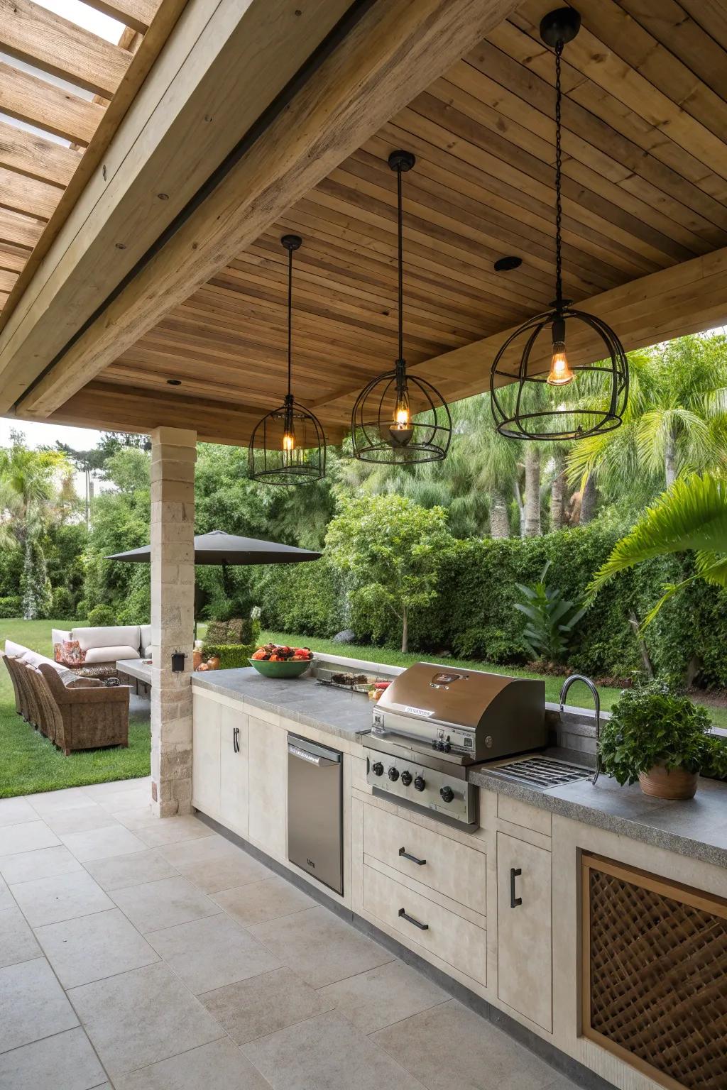 A rustic wooden ceiling with exposed beams adds charm and warmth to an outdoor kitchen.