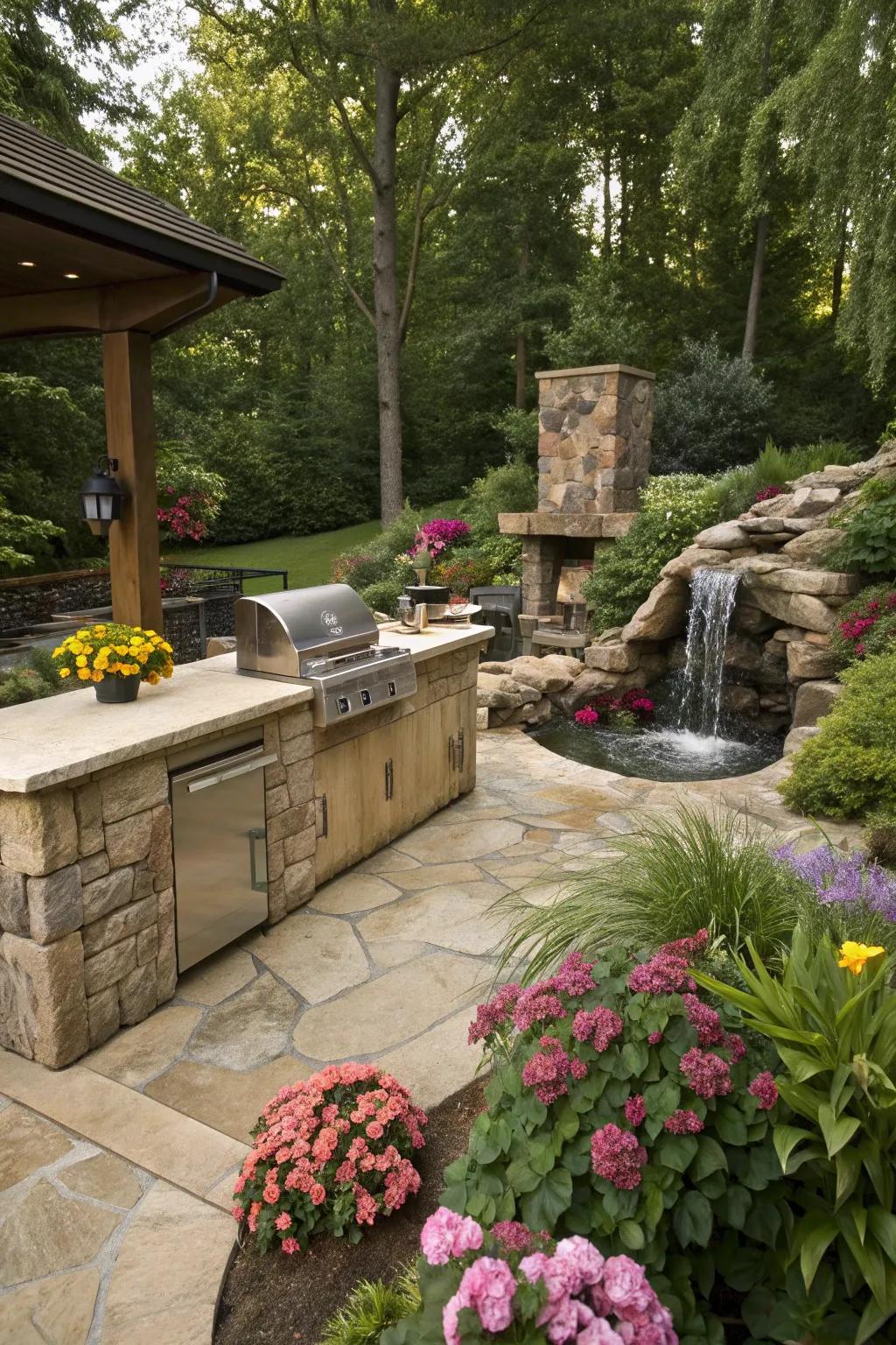 A stone countertop adds a touch of nature to this outdoor kitchen.