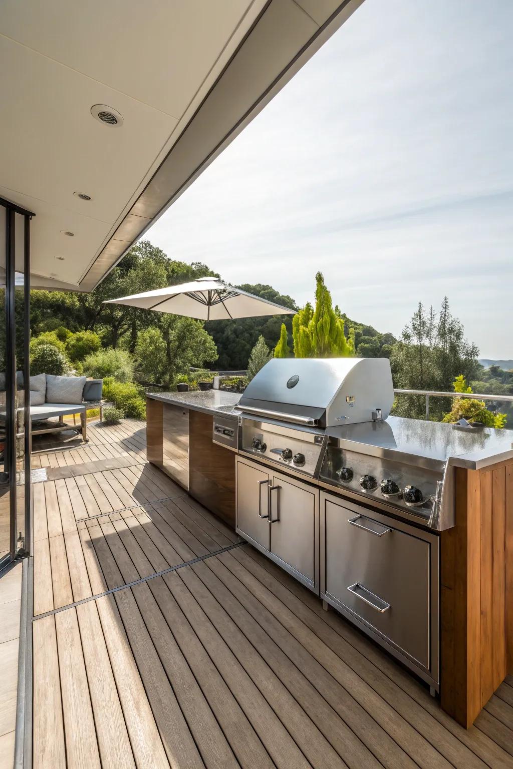 A modern outdoor kitchen featuring a state-of-the-art grill and smoker.