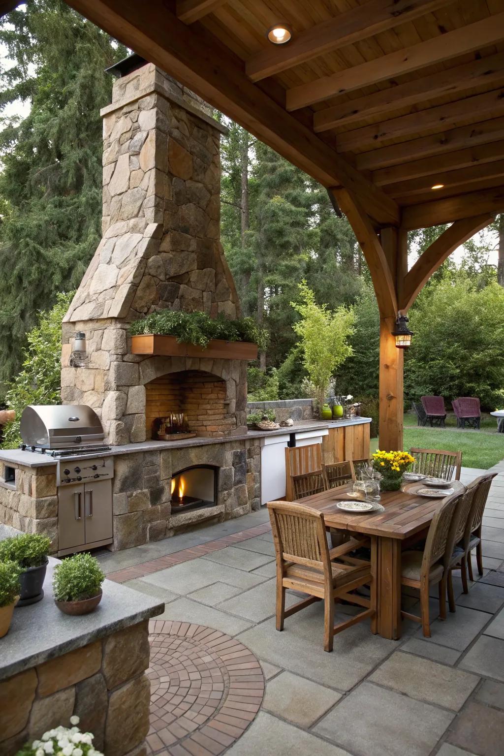 A stunning rustic stone fireplace as the focal point of an outdoor kitchen, complemented by natural wooden furnishings.