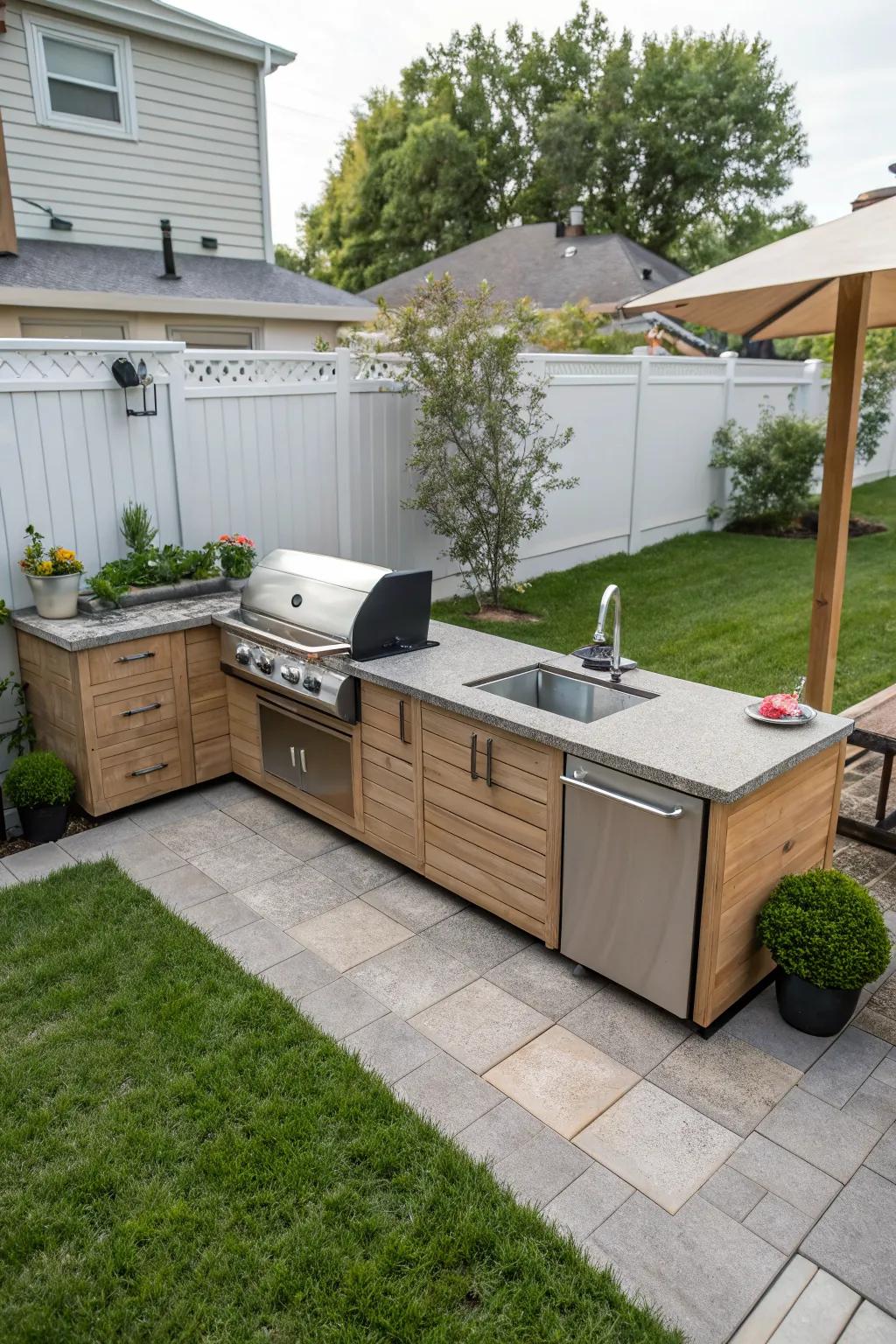 An L-shaped outdoor kitchen that maximizes corner space beautifully.
