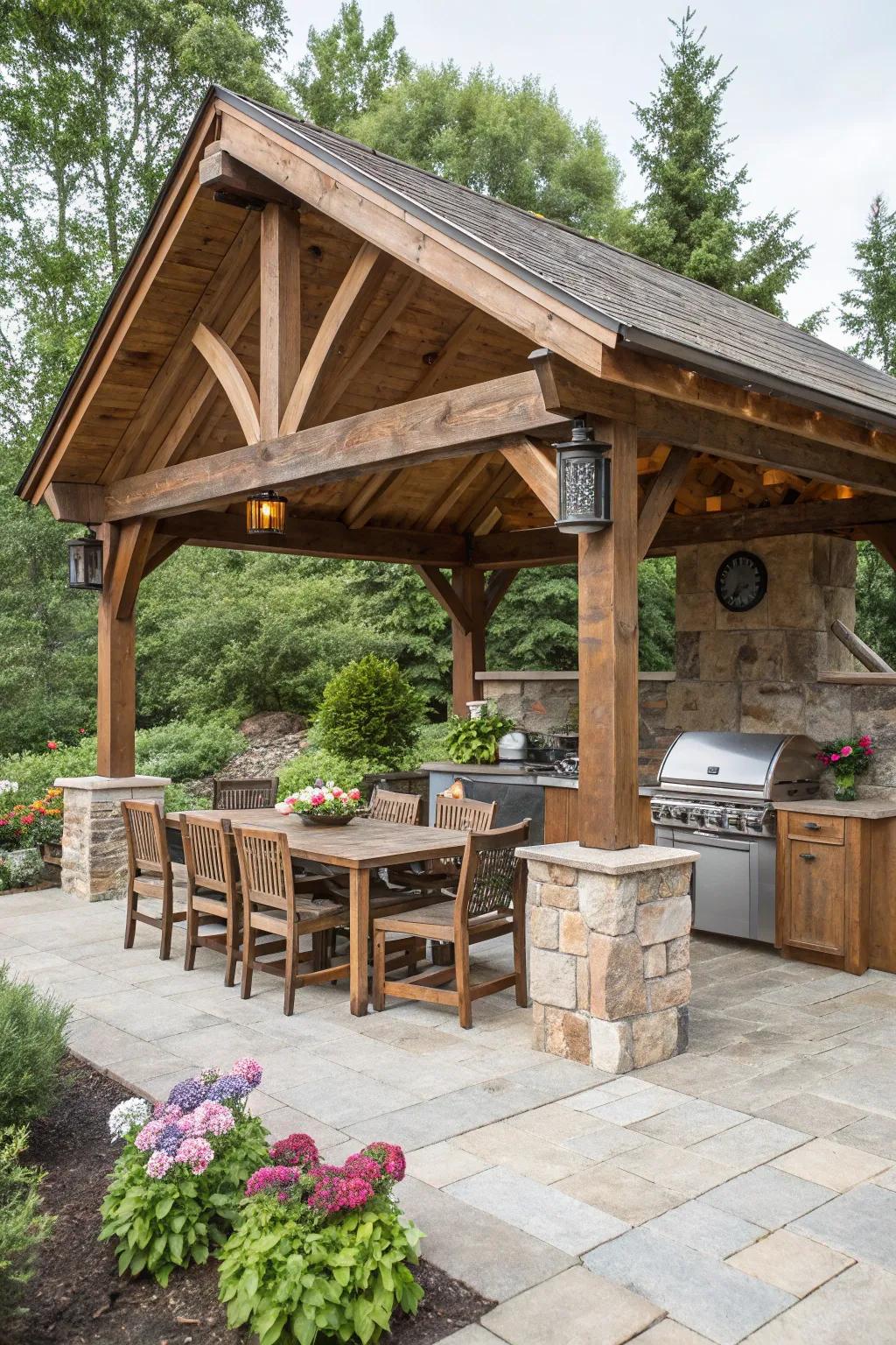Embrace the warmth of a rustic wood pavilion in your outdoor space.