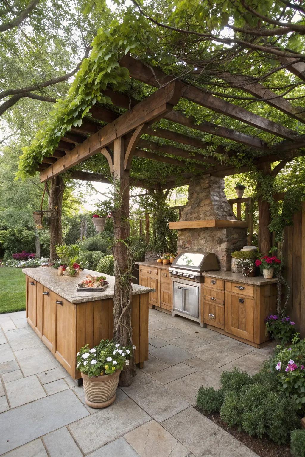 A rustic wooden pergola adds a natural touch to an outdoor kitchen.