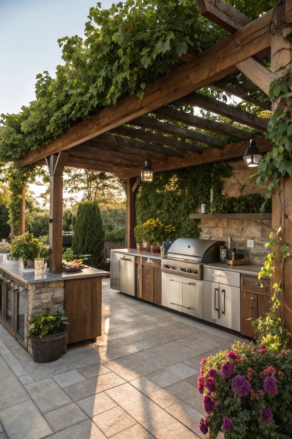 A rustic pergola brings both style and shade to your outdoor kitchen.
