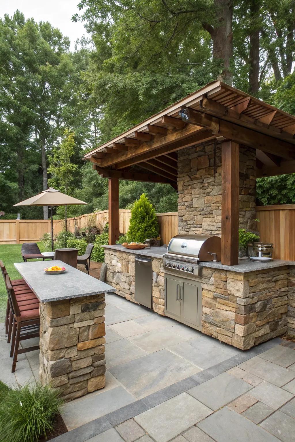 Natural stone siding adds rustic charm and durability to your outdoor kitchen.