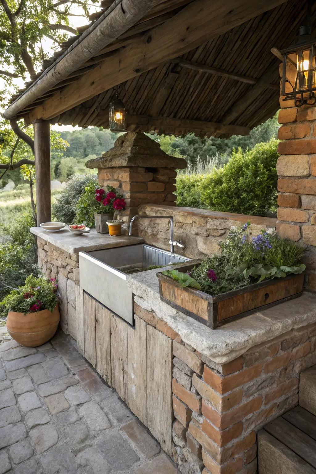 A rustic outdoor sink set in natural stone for timeless appeal.