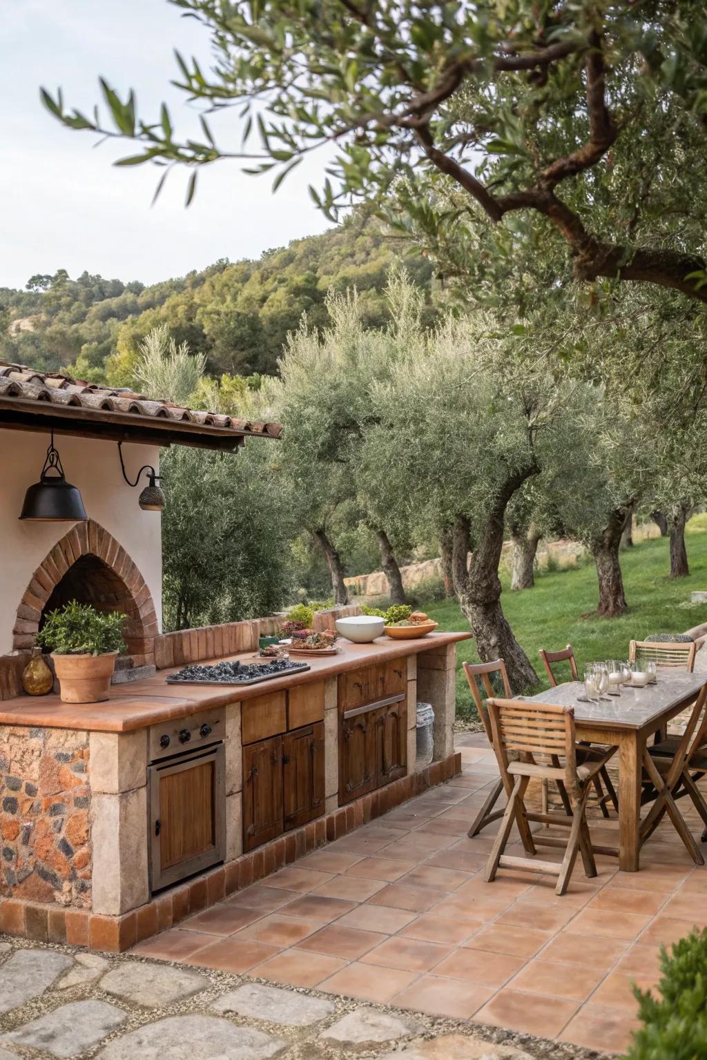 Embrace the rustic charm of terracotta tiles for a warm and inviting outdoor kitchen.