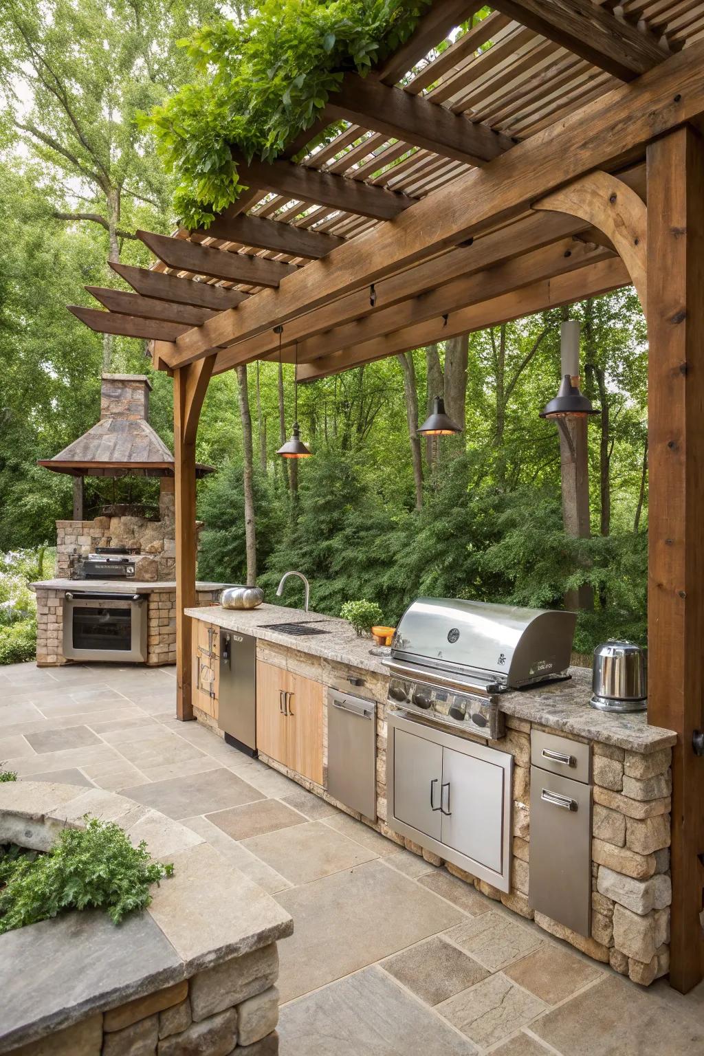 Wooden pergola adds rustic charm to outdoor kitchens.