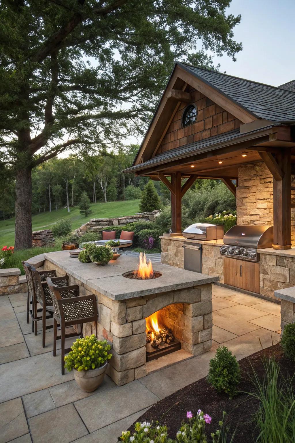Rustic charm with stone and wood elements in a backyard kitchen.