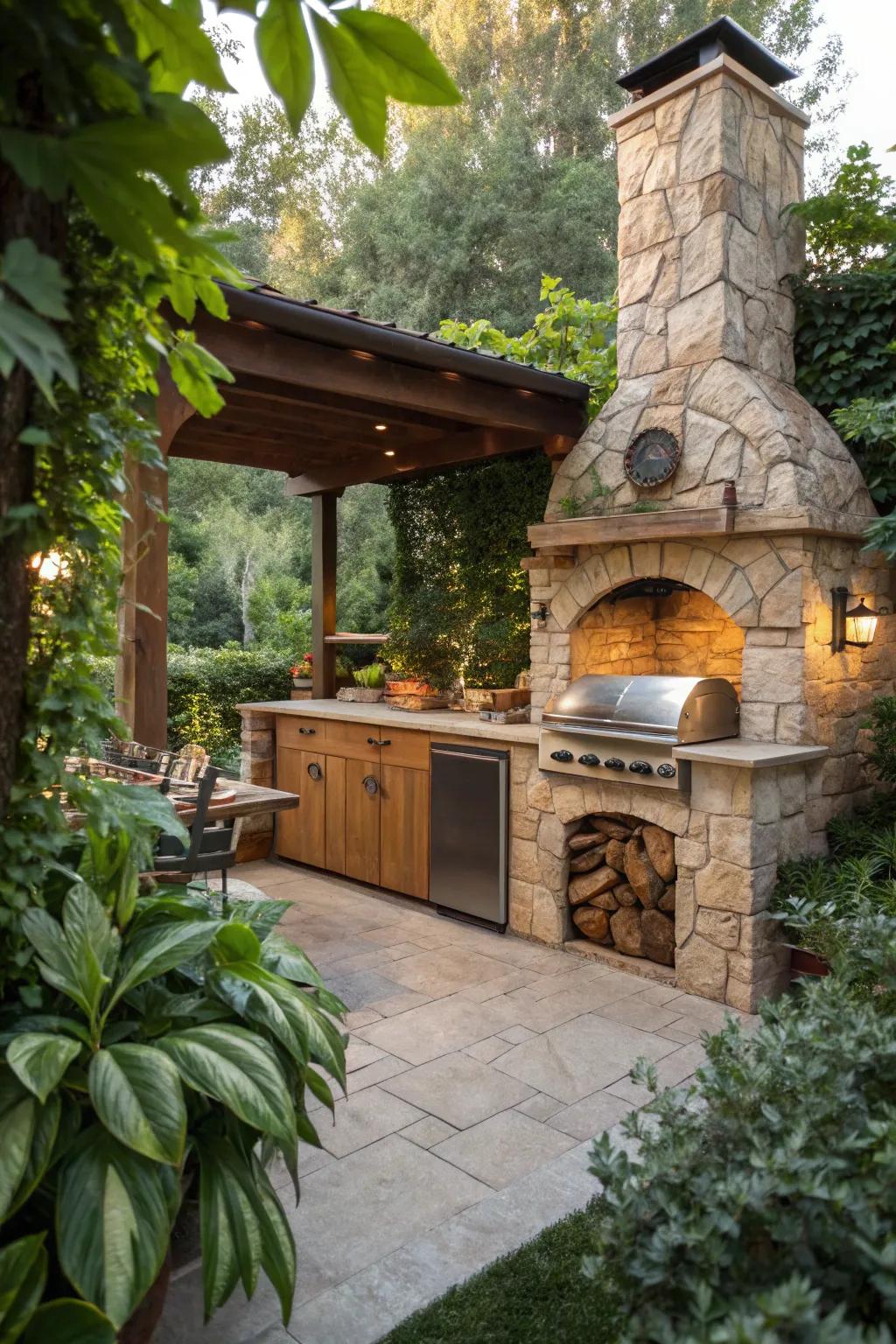 Rustic stone outdoor kitchen with an offset smoker nestled in greenery.