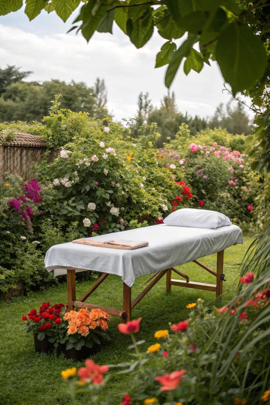 A garden oasis perfect for an outdoor massage experience.