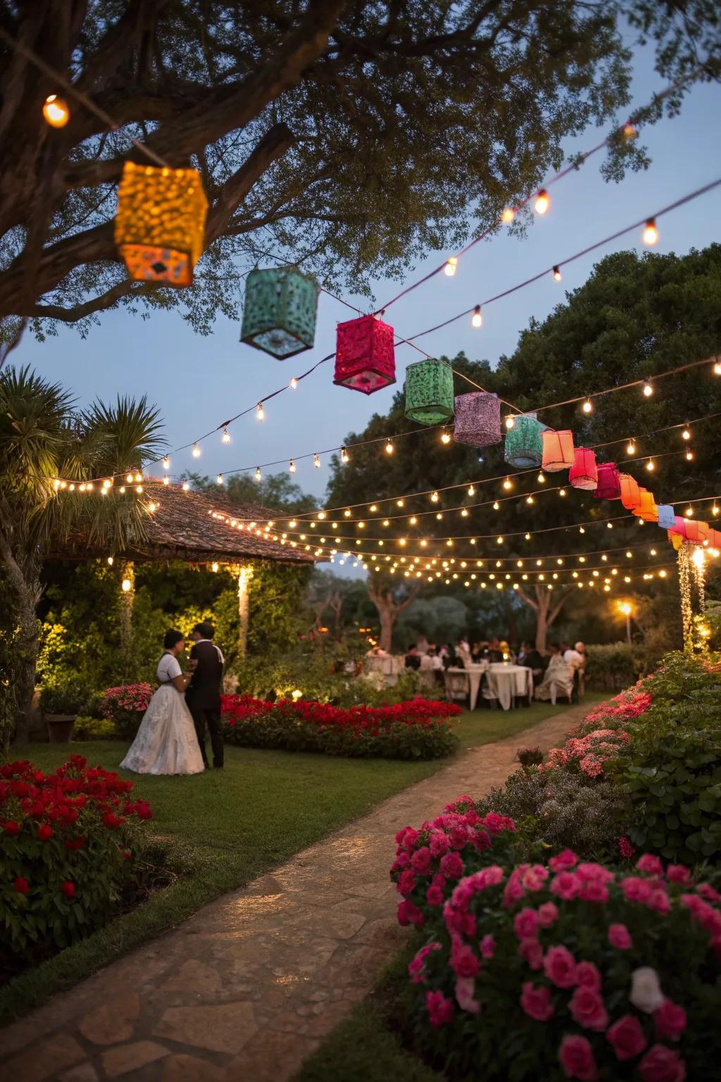 String lights and lanterns create a magical glow at an outdoor Mexican wedding.