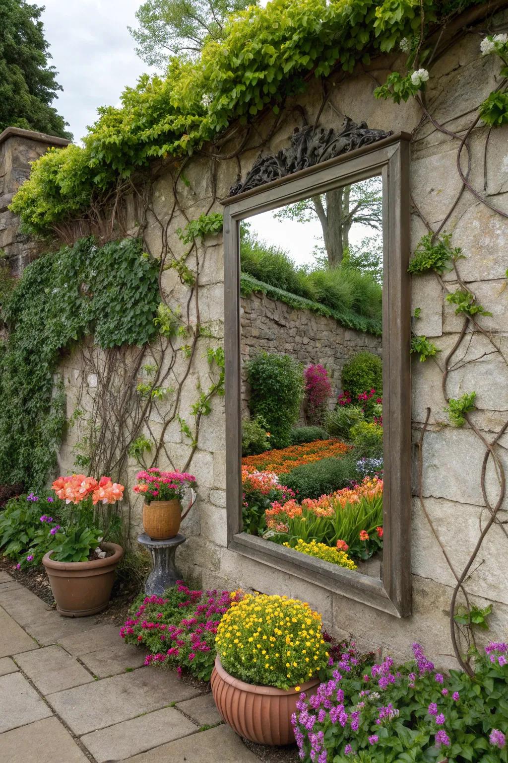 A mirror integrated into a garden wall enhances the lushness.