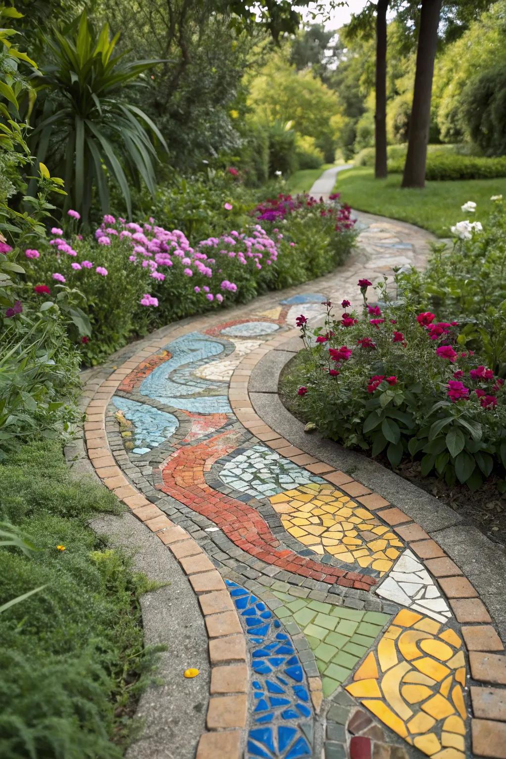 A colorful mosaic path guiding you through a lush garden.