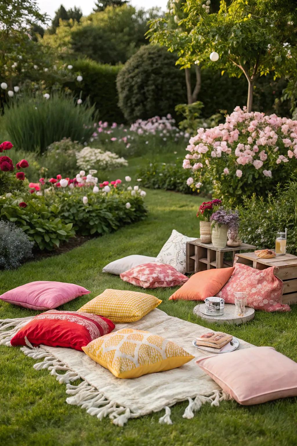 Cozy seating with pillows and blankets for your outdoor movie night.