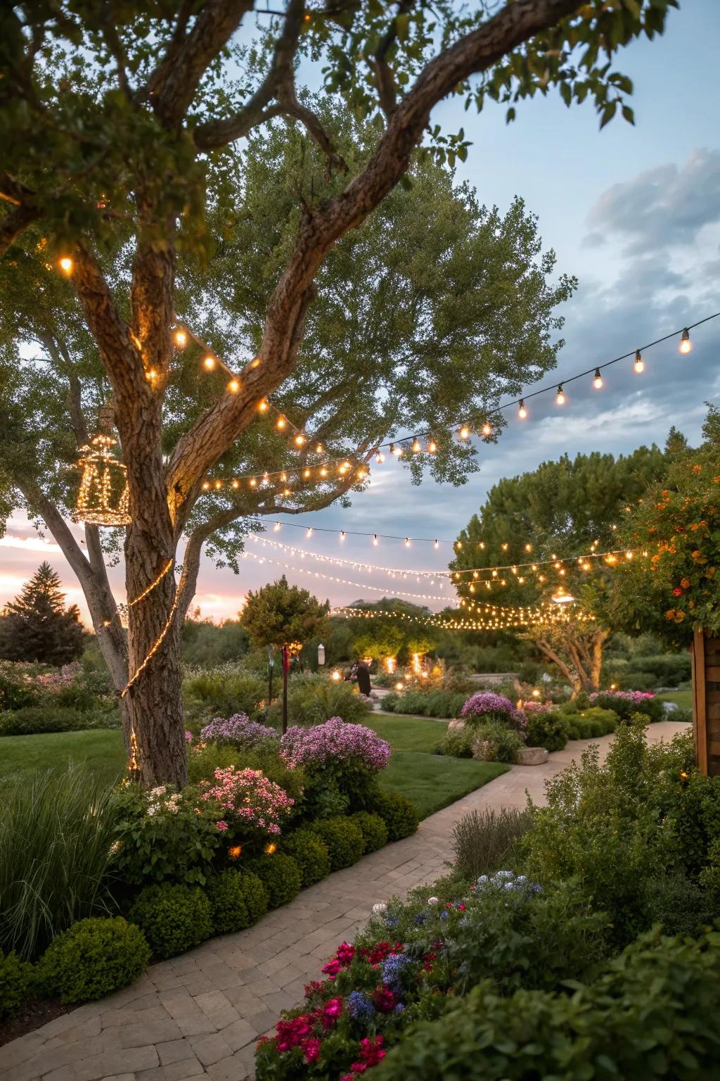 String lights wrapped around trees create a magical evening ambiance.