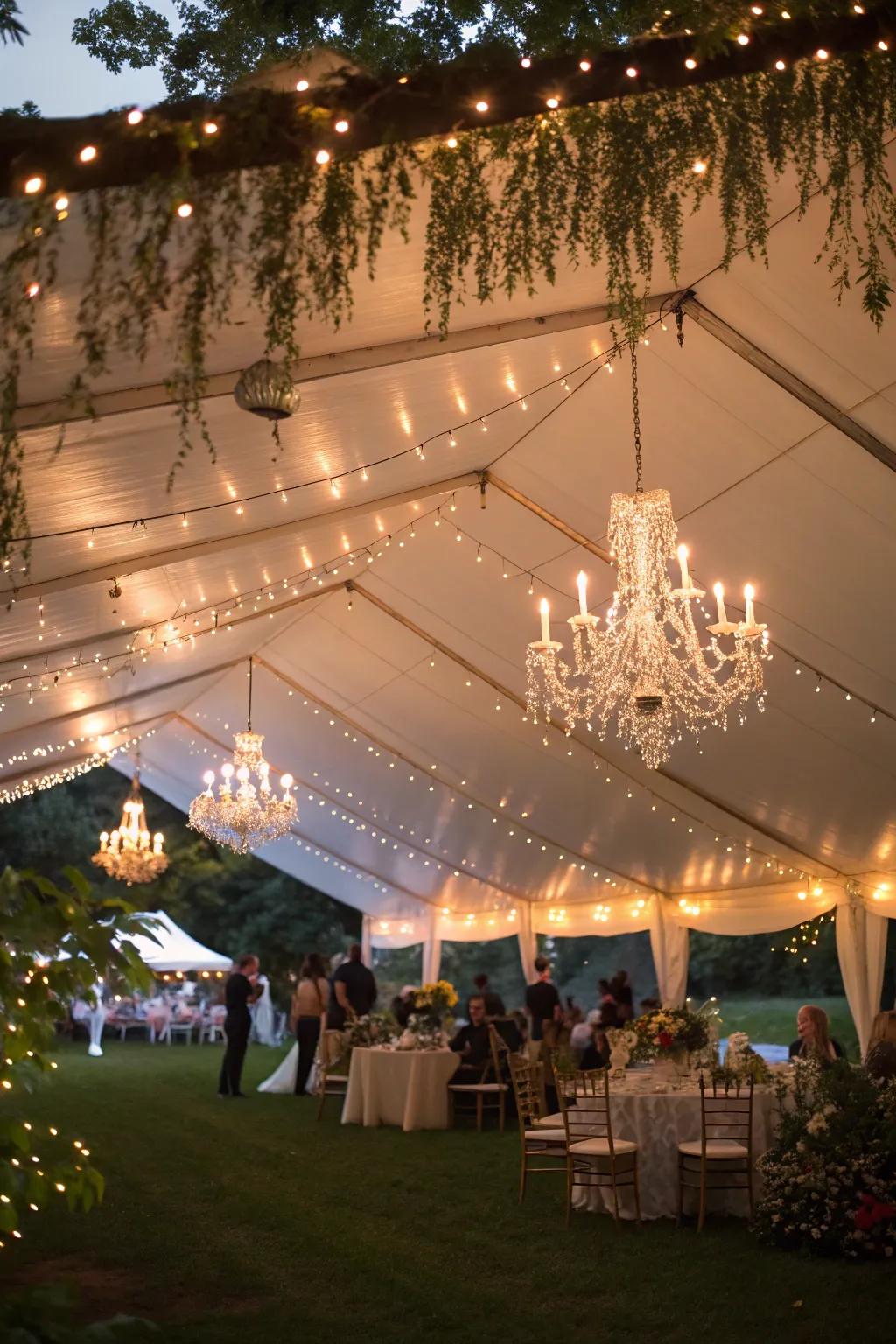 String lights and chandeliers create an enchanting atmosphere inside your party tent.