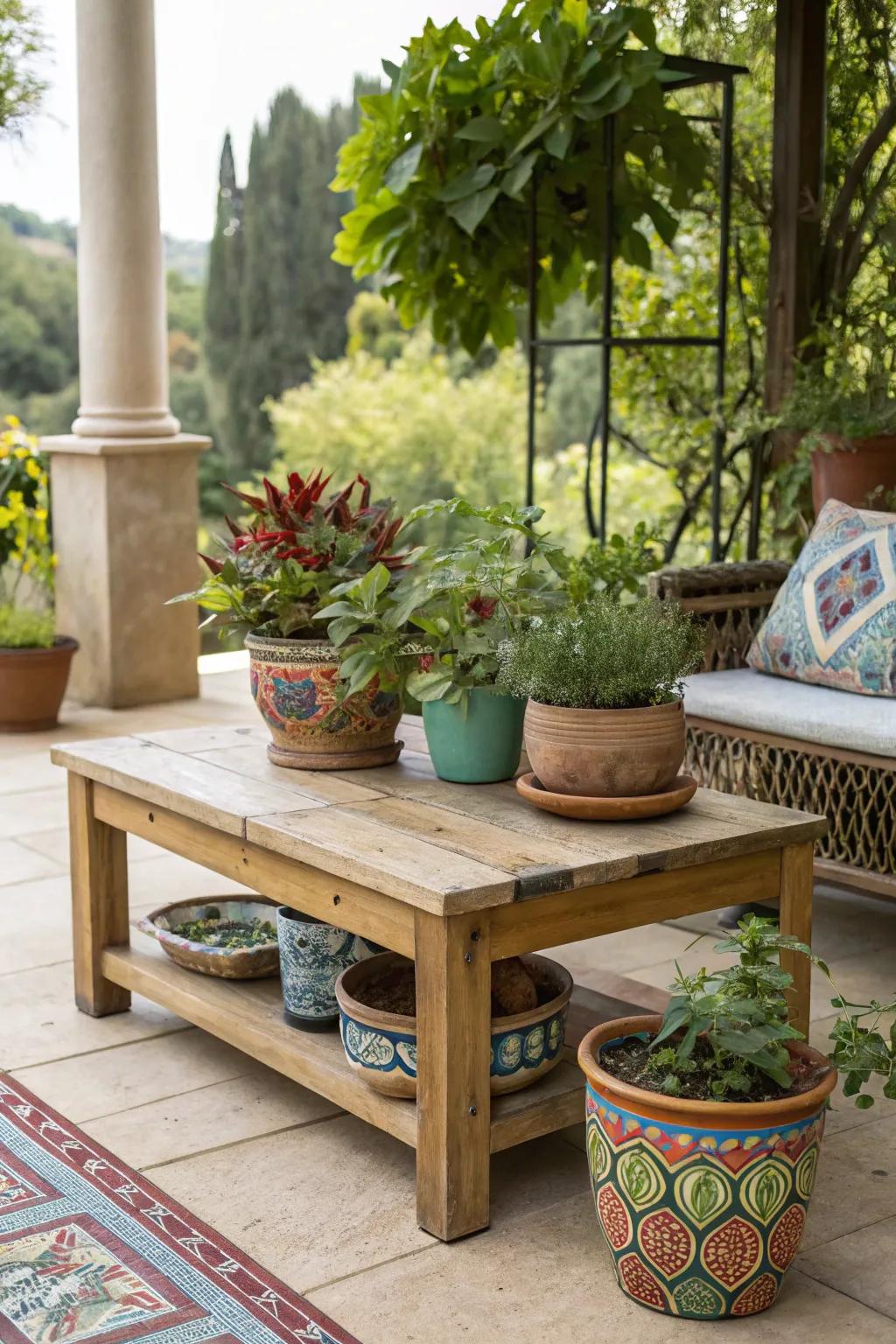 A natural wood coffee table with plants adds organic charm.