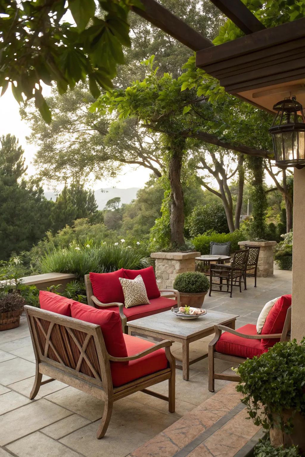 Red cushions add a dynamic touch to any outdoor seating area.