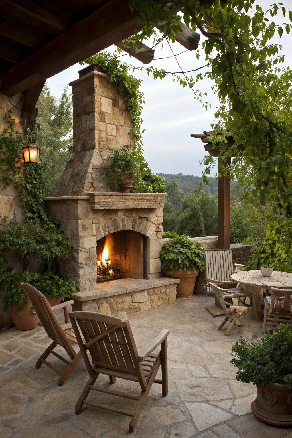 Timeless elegance: a classic stone fireplace for your patio.