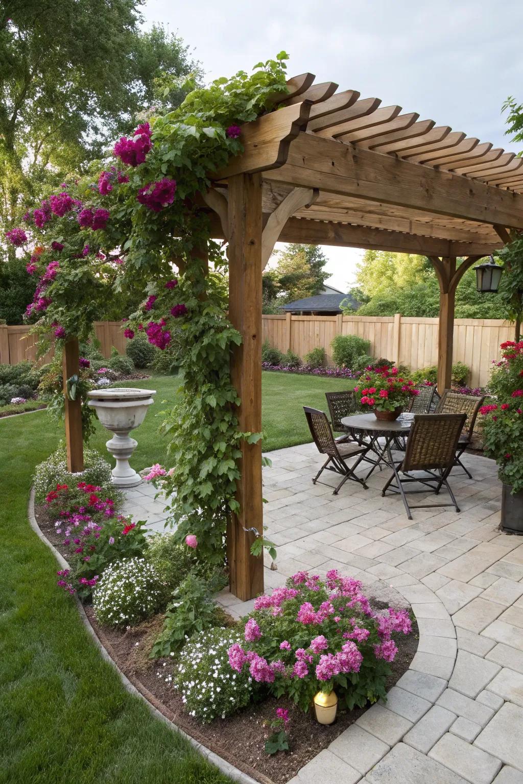 A classic wooden pergola adds rustic charm to any outdoor space.