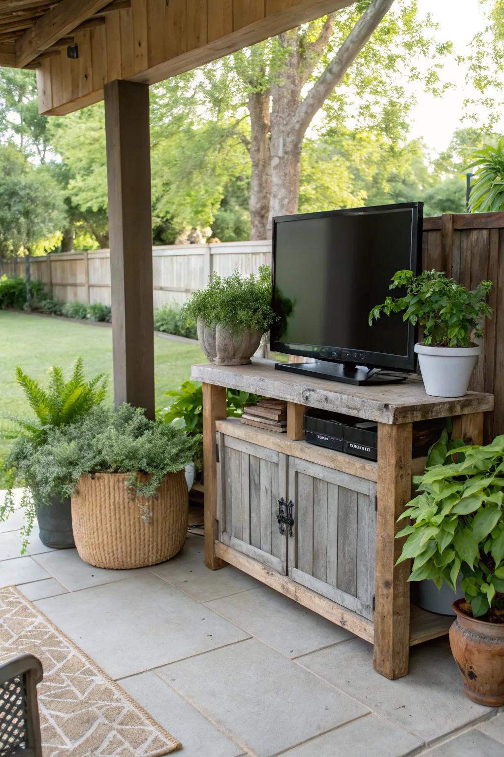 A rustic wooden TV stand adds natural charm to your patio.