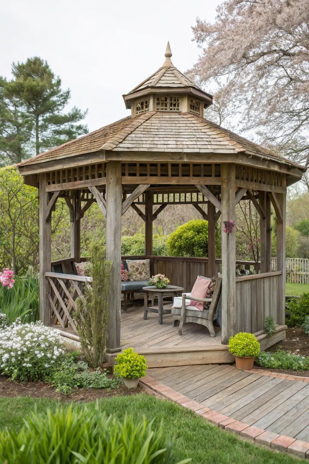 A rustic wooden pavilion offers a warm, inviting atmosphere for any backyard.