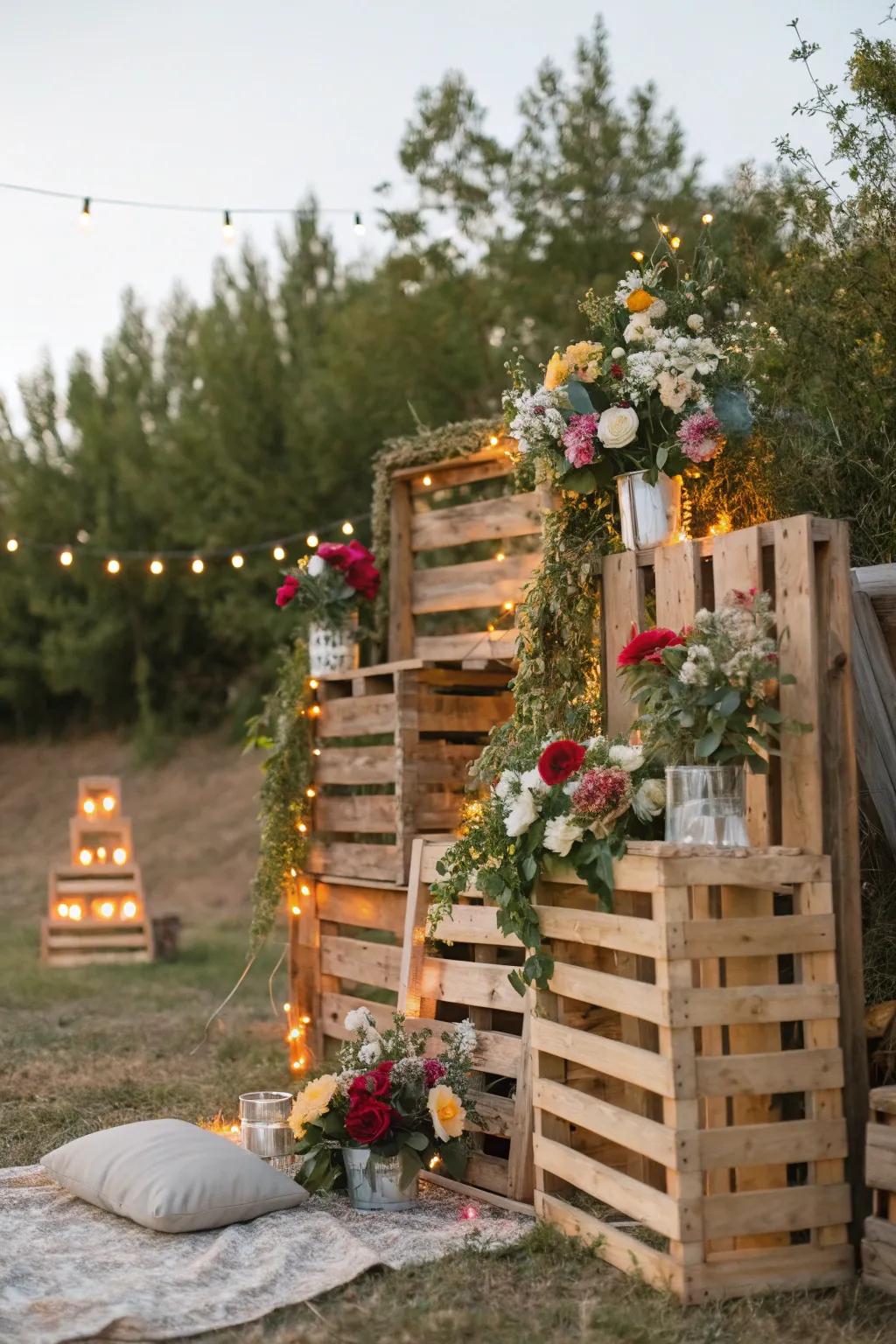 Rustic wooden pallets create a charming and versatile backdrop.