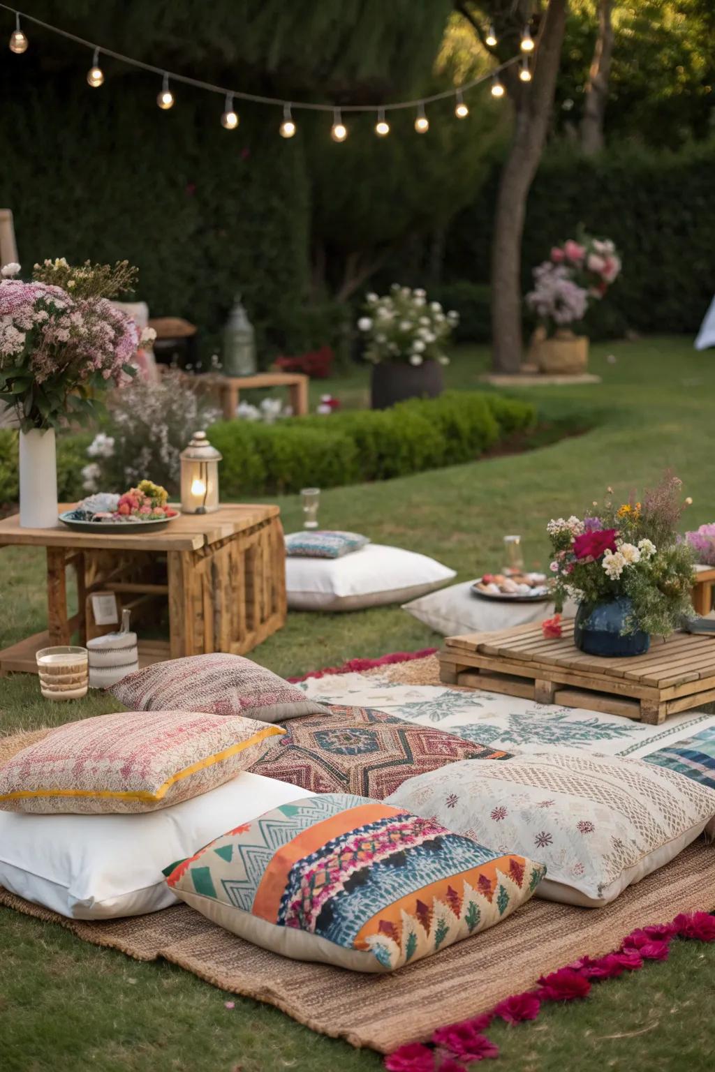 Cozy bohemian seating with low tables and colorful cushions