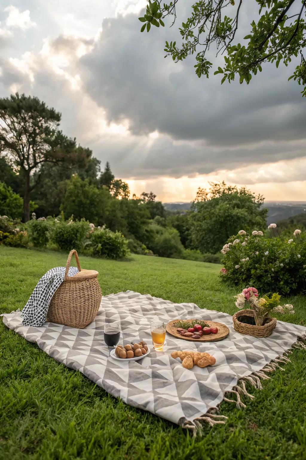 A checkered blanket sets the foundation for a cozy picnic.