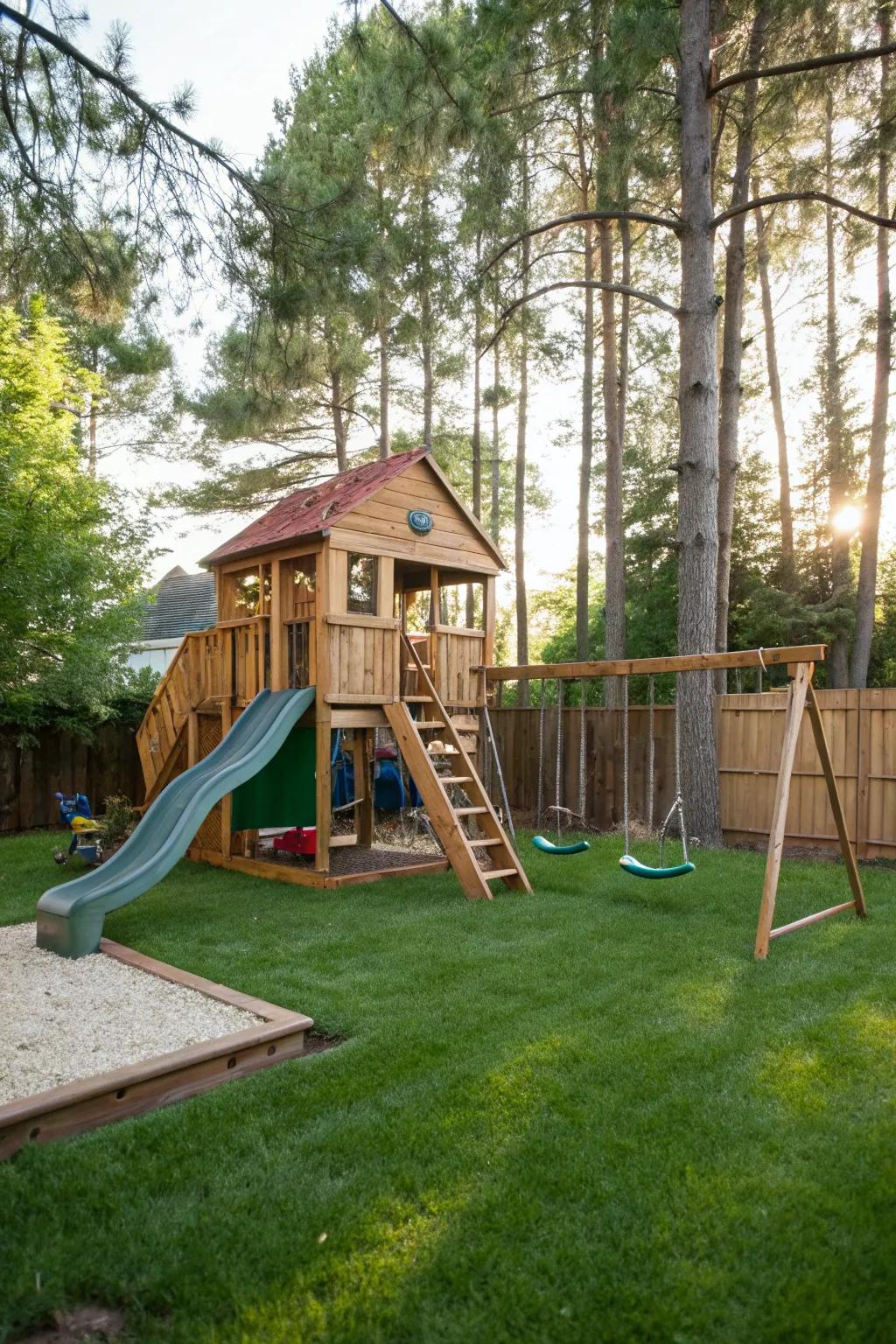 A wooden play structure with slides and swings set against a backdrop of greenery.