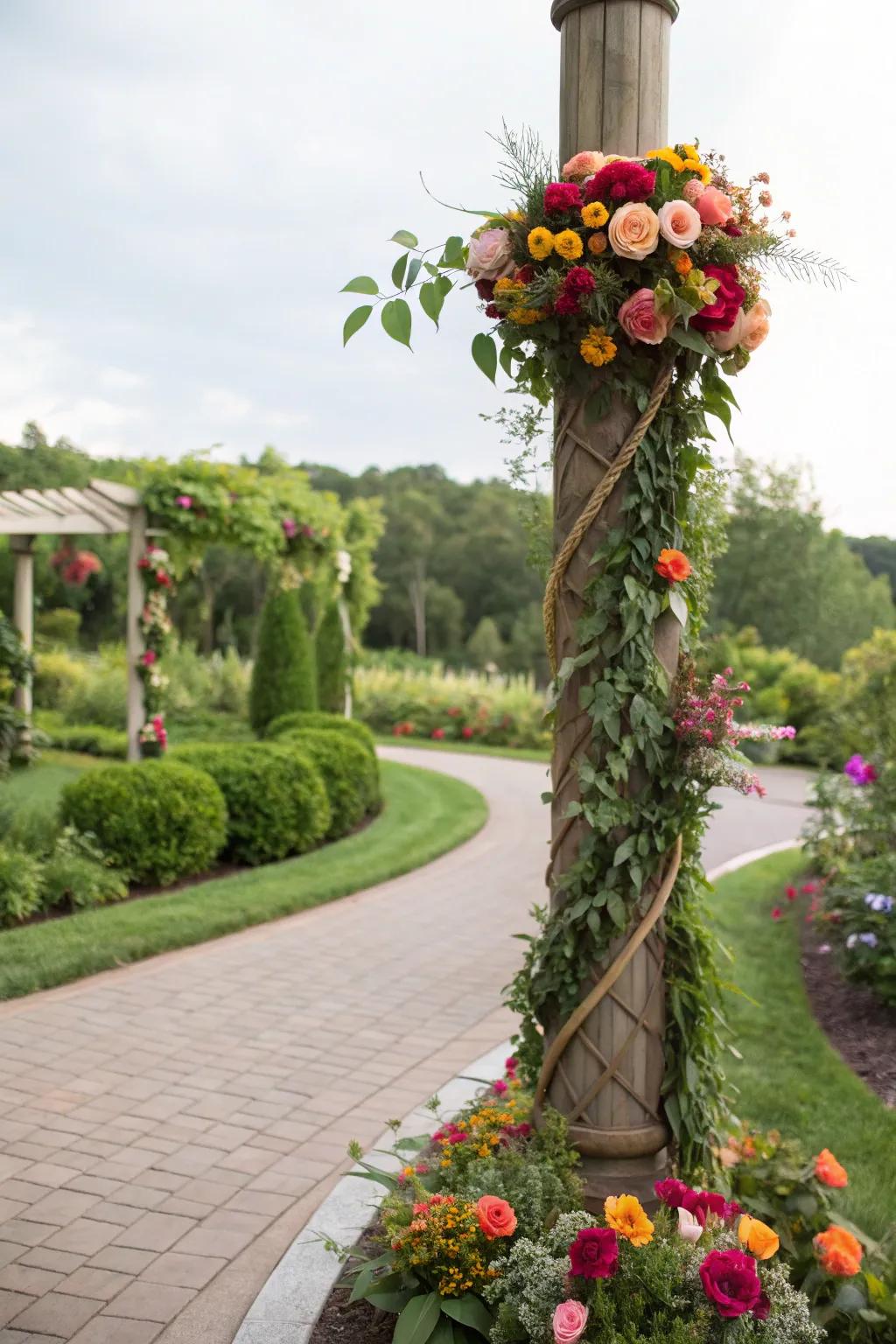 Lush floral wraps add a burst of color and life to outdoor poles.