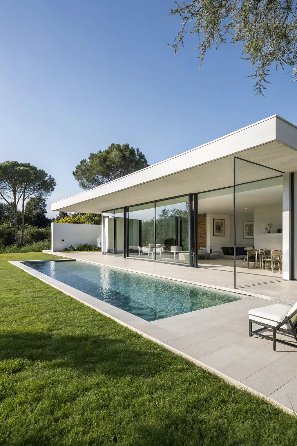 A modern minimalist pool house with sleek and clean architectural lines.