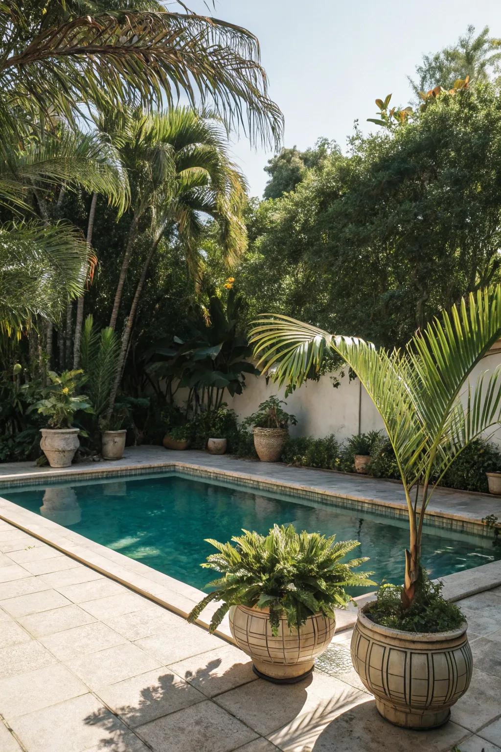 Create a tropical ambiance with potted palms around your pool.