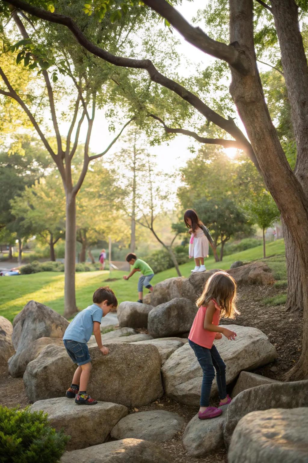 Kids exploring and playing around trees and rocks in a natural playground.