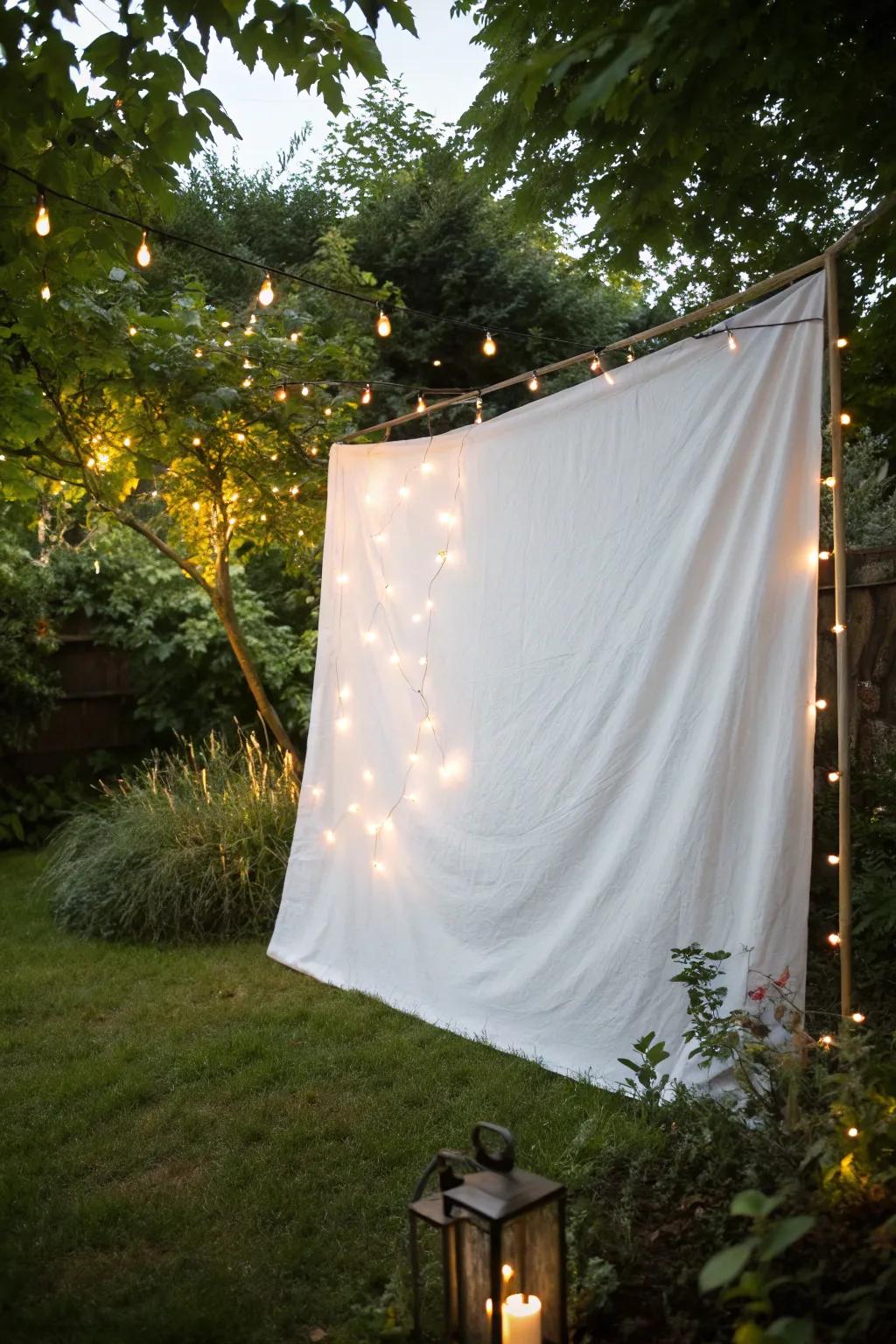 A classic white sheet, effortlessly turned into an outdoor projector screen, surrounded by ambient lighting.