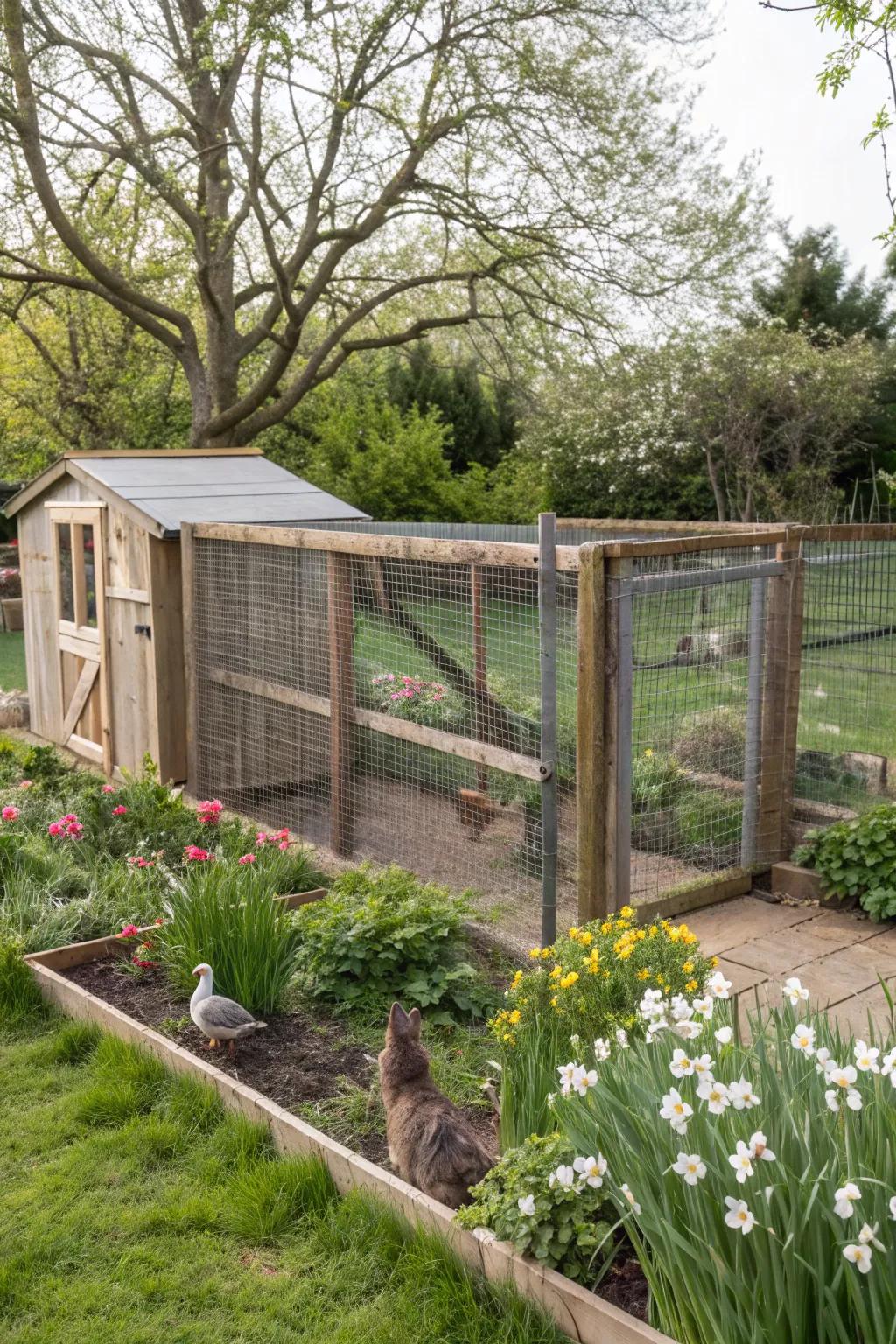A robust and secure rabbit enclosure in a serene garden.